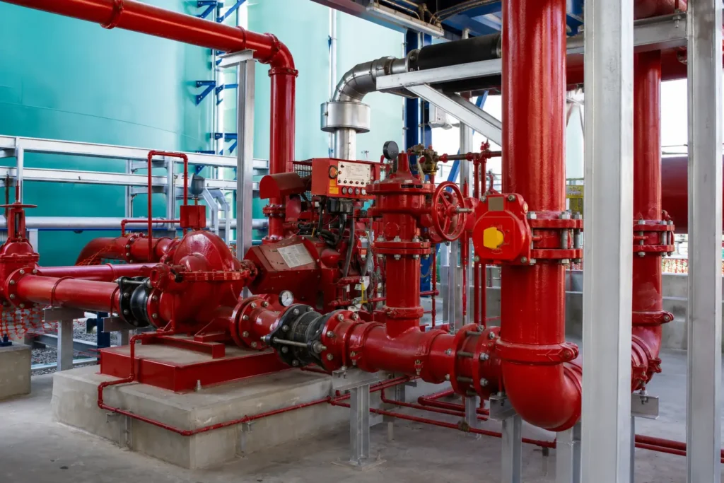 Fire pump system with red fire protection piping and valves