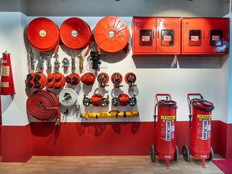 Fire safety equipment including hose reels, fire hoses, valves and extinguishers