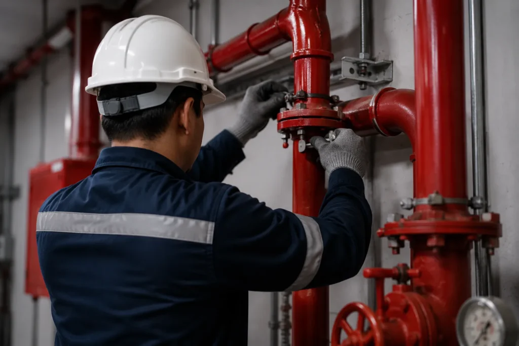 Technician inspecting fire protection system piping and valves